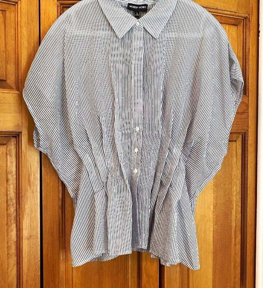 Modern Works Striped Blouse Size L Button Down Dolman Sleeve Blue White